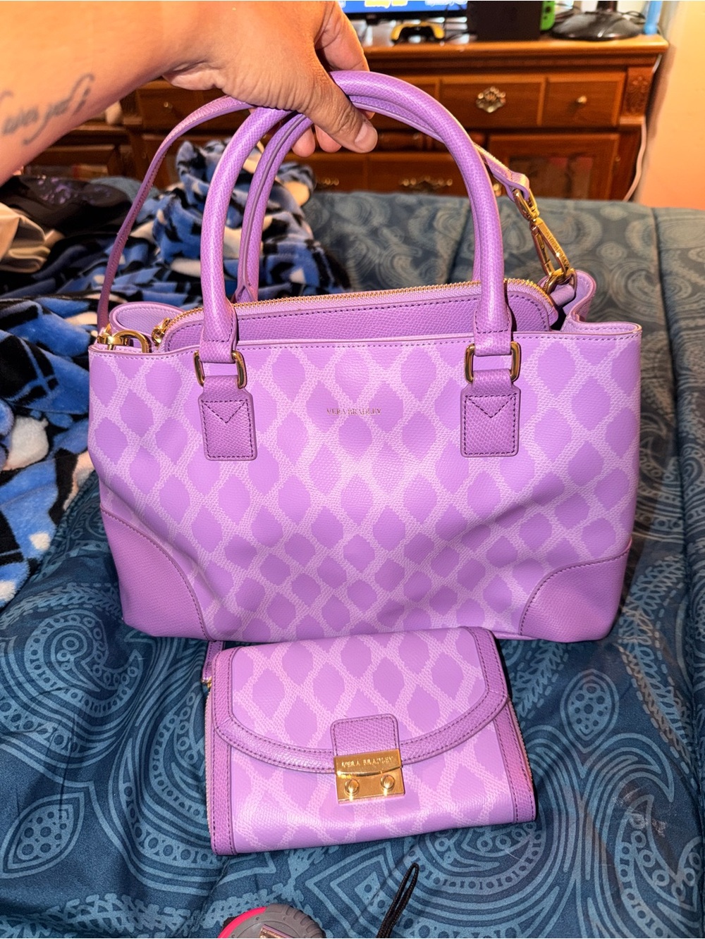 Vera Bradley Lilac Patterned Satchel and Wallet Set